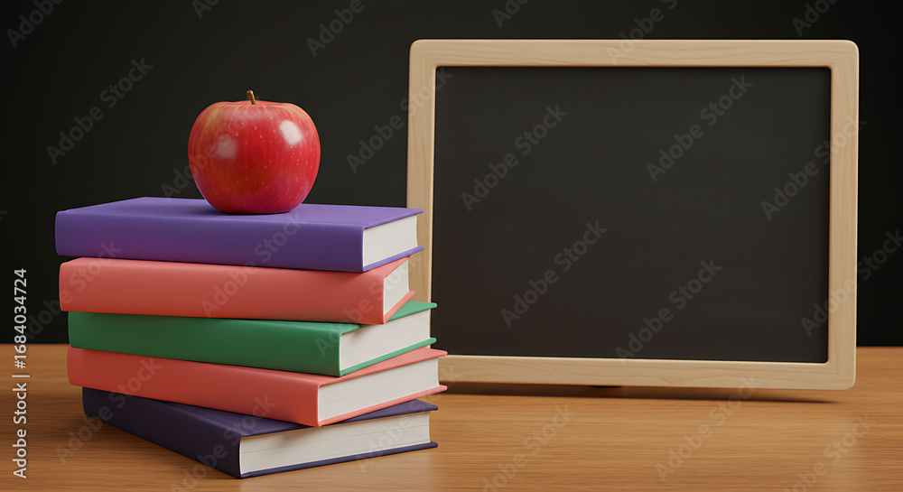 Obraz premium Stack of books with red fruit and chalkboard on a wooden desk symbolizing learning and education