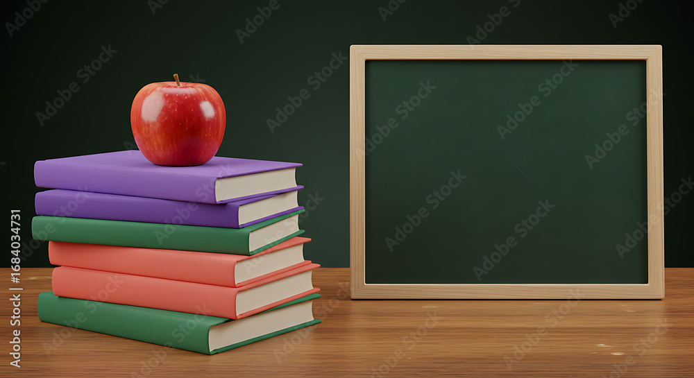 Obraz premium Classroom scene with stack of books and a fresh apple sitting on top of the stack, with board.