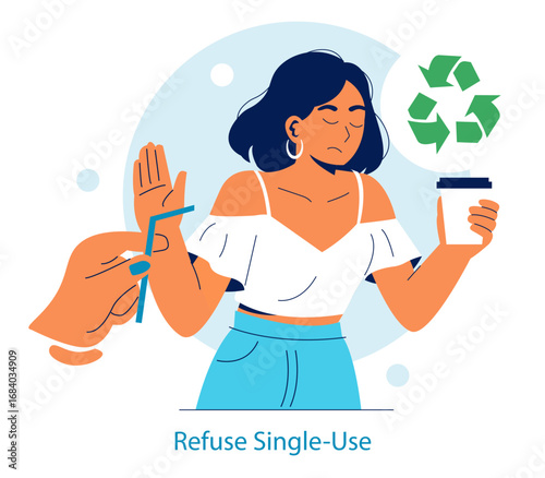 Woman Refusing Single-Use Plastic Straw Vector Illustration