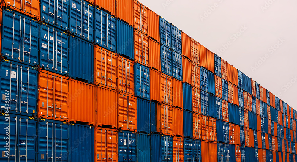 Fototapeta premium Stacked containers of various blue and orange colors, arranged in neat rows, under a cloudy sky.