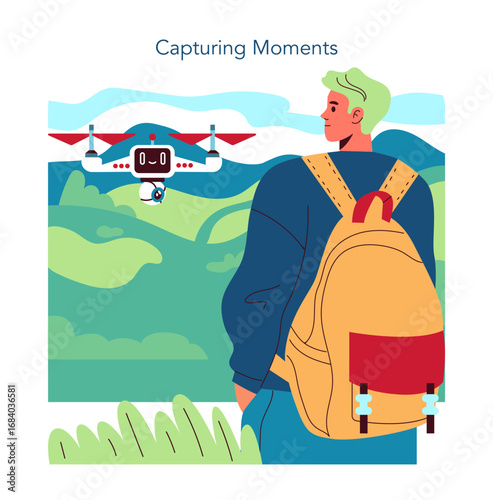 Adventure with Drone in Scenic Landscape Vector Illustration