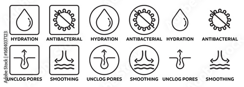 Skin Hydration, unclog pores, anti-bacterial, and skin smoothing icon collection. suitable for facial cleanser products.