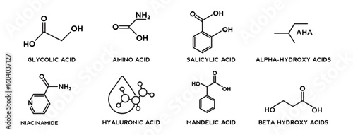 Set of Glycolic, Niacinamide, Amino, Hyaluronic, Salicylic, Mandelic, Alpha-hydroxy and Beta hydroxy acids icons collection