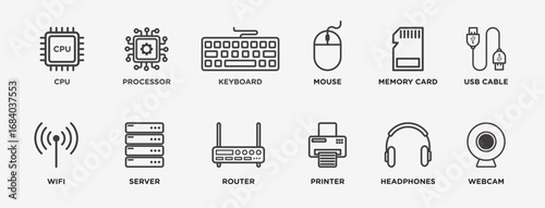 Computer components icon set. CPU, processor, keyboard, mouse, memory card, USB cable, wifi, server, router, printer, headphones, and webcam outlined vector icon collection