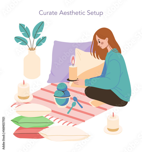 Cozy Evening with Candles and Pillows Vector Illustration