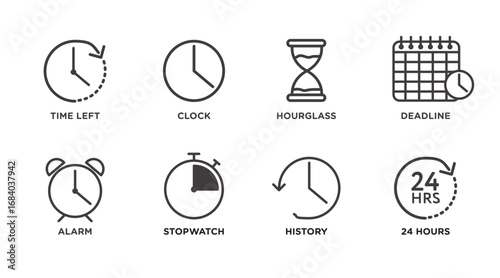 Time related icon set. Time left, clock, hourglass, deadline, alarm, stopwatch, history, and 24 hours, outlined vector icon collection
