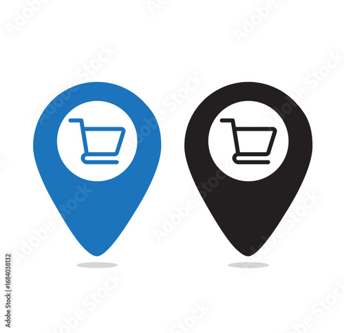 Shopping cart pin icon. shopping center, shopping mall sign. blue and black vector illustration