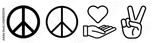 Peace icon set in black flat solid and outlined style.