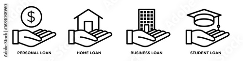 Loan icon set. includes personal, home, business, and student loans.