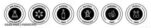 3rd Party Lab Tested, No Synthetic Fragrance, Alcohol Free, No Toxic Chemicals, Paraben Free, Cruelty Free rounded vector icon illustration in black color