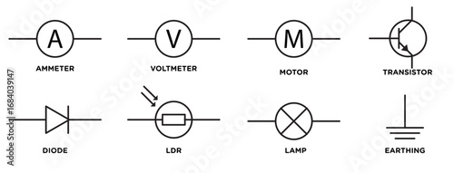 Icon set of Ammeter, voltmeter, motor, transistor, diode, ldr, lamp, earthing