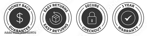 Icon set of money back guarantee, easy returns, secure checkout, 1 year warranty. Black and white symbol collection. Stock vector