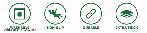 Icons of washable, non-slip, extra thick, durable bathtub mats. Rounded outlined vector icons in green color