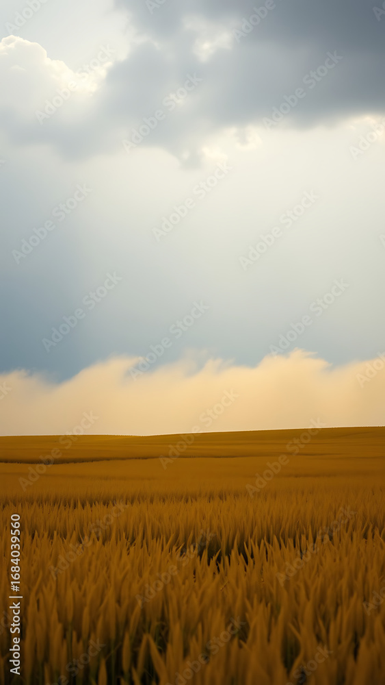 Obraz premium Golden Field with Yellow Mist Rising Under Dark Sky vertical