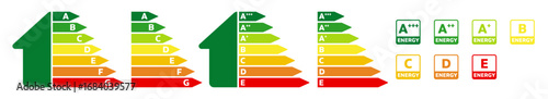 Energy efficiency chart icon set. Home energy efficiency vector label scale sign. House bulb energetic rating bar symbol. Energy consumption sign collection. Stock vector.