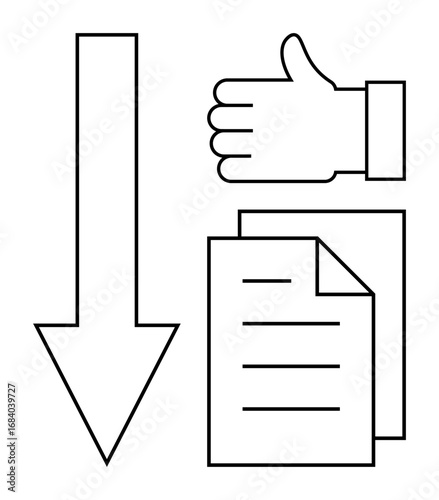 Downward arrow, thumbs-up icon, and document outline symbolizing feedback, approval, review process, agreement, decision-making, communication and progress. Ideal for simple landing page
