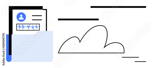 Folder with profile data and heartbeat chart near minimalistic cloud, emphasizing data storage and transfer. Ideal for technology, cloud computing, data management, digital security, healthcare