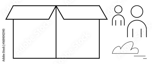 Open box alongside two minimal human figures and a cloud. Ideal for teamwork, brainstorming, innovation, creativity, problem-solving, collaboration, and a simple landing page