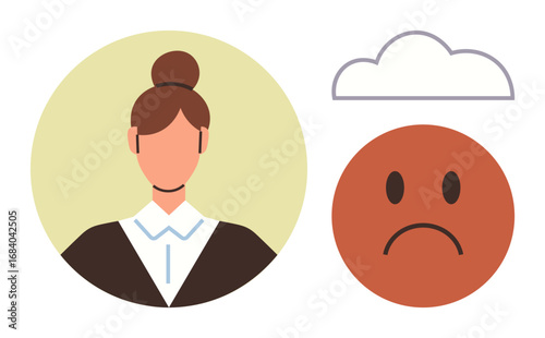 Woman with a tied bun hairstyle looks concerned beside a sad face and cloud icon, symbolizing worry, anxiety, or mental health challenges. Ideal for awareness, emotions, mental wellness, stress