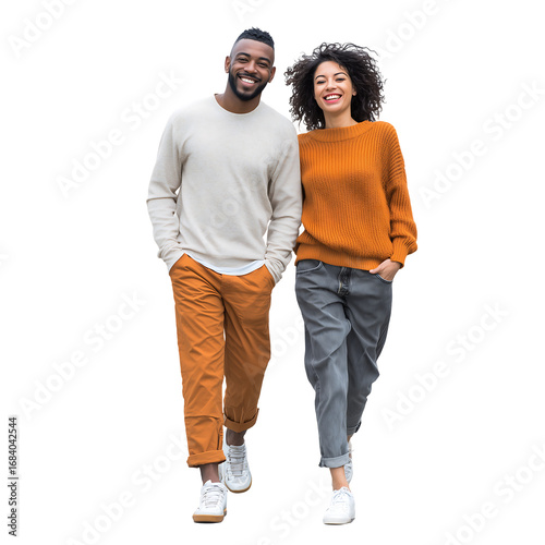 Happy Smiling Couple Walking Together, Casual Fashion, Diverse Ethnicity