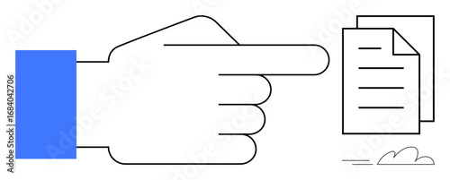 Hand pointing to stacked documents, signifying attention, action, or selection. Ideal for business, decision-making, organization, productivity file management documentation education. Simple flat