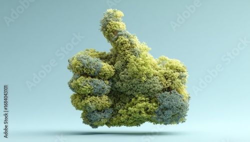 A lush, three-dimensional thumb-shaped form, composed of vibrant green and muted blue foliage, floats against a soft light blue background.