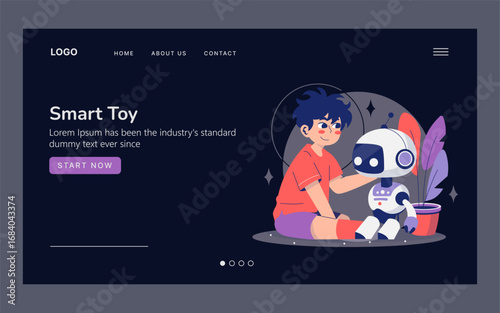 Child Engaging with Robot Toy on Website Banner Vector