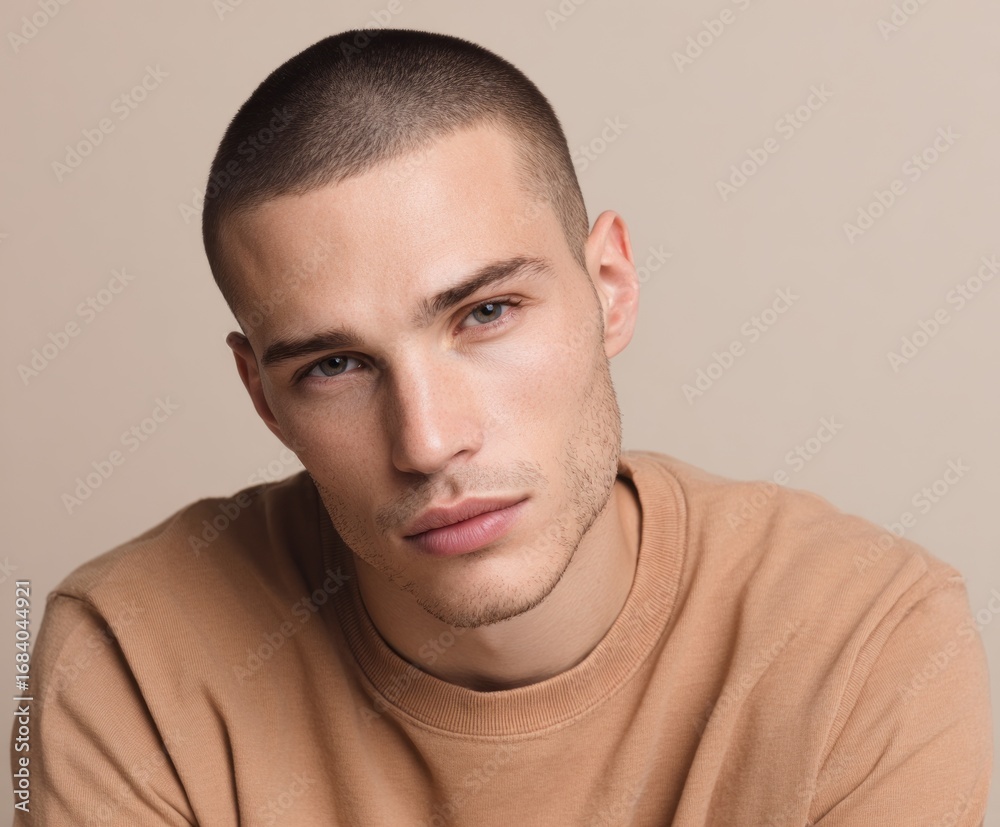 Obraz premium Close-up portrait of a man with a short, clean-shaven haircut, displaying a neutral expression against a neutral backdrop. His complexion is smooth and his gaze is directed slightly downward.