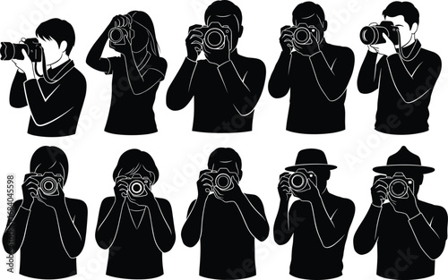 Silhouette photographers holding cameras, capturing moments, black and white vector illustration, photography concept image
