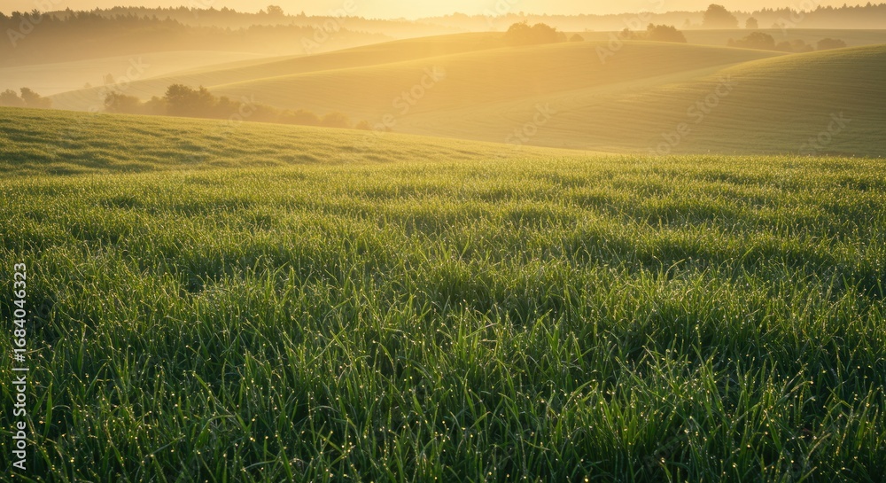Fototapeta premium Golden sunrise over lush green rolling hills, a breathtaking natural landscape bathed in warm light, with dew-kissed grass in the foreground and a hazy morning sky