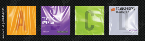 Realistic Transparent Plastic Wrinkled Texture Overlay Set. Clear Packaging Film Effect.
