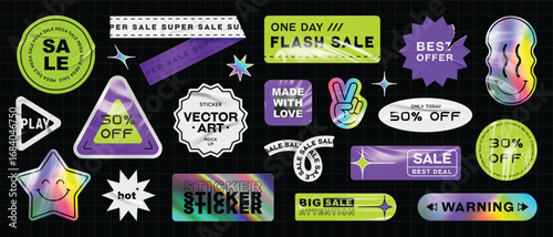 Collection of Holographic and Neon Sale Stickers. Modern Gradient and Foil Effect