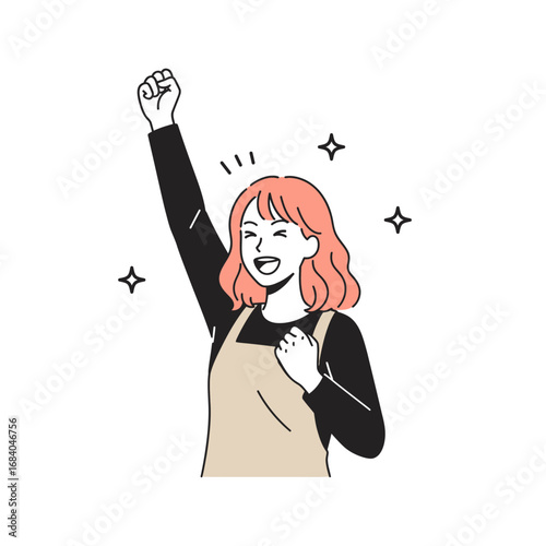 Joyful young woman cheering with a fist pump, celebrating success and victory in a minimalist line art illustration.