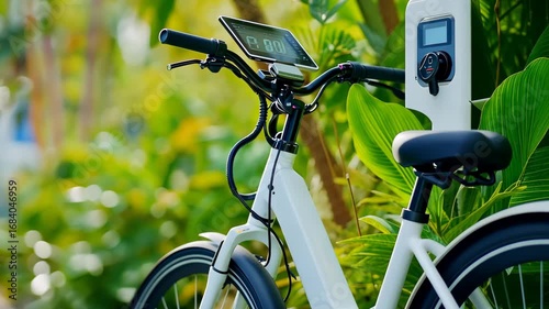 Ecofriendly ebike charging in lush urban setting with greenery