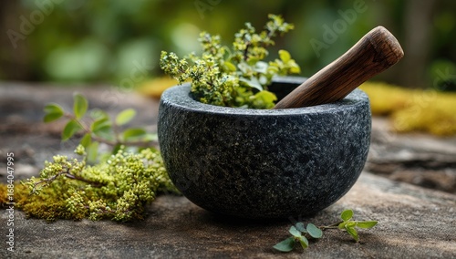Dark gray stone mortar and pestle with fresh herbs