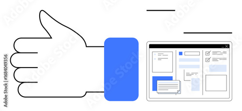 Thumbs-up gesture alongside a stylized digital interface with forms, checklists, and messaging. Ideal for approval, productivity, feedback, workflow, user interface, collaboration simple flat