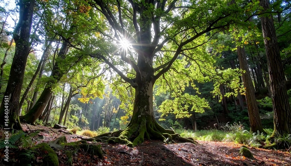 Naklejka premium Sunlight through a majestic forest tree