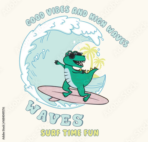 dinosaurus surfing with surf surfboard in the waves with palm trees tree and good vibes and high waves background white.