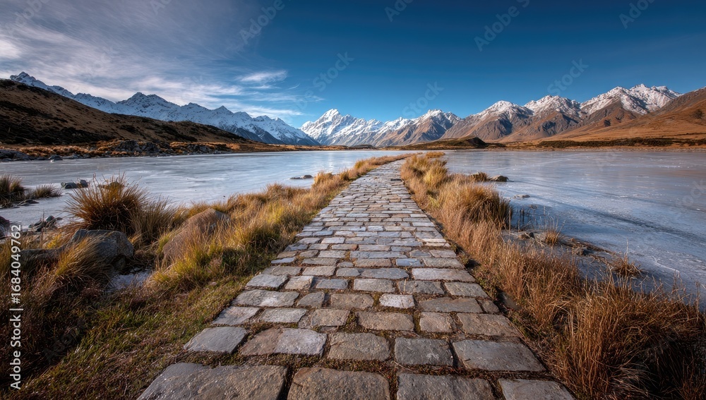 Fototapeta premium Stone path leads to snow-capped peaks. A paved walkway stretches across a frozen lake, towards majestic mountains blanketed in snow. Autumn colors paint the shoreline. Vast blue sky