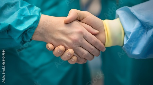 Closeup Handshake Surgeons Medical Professionals Teal Scrubs