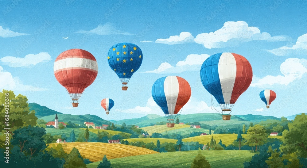 Naklejka premium Colorful hot air balloons, painted with national flags, float over a picturesque landscape of rolling hills, charming villages, and vibrant fields under a clear blue sky with puffy white clouds