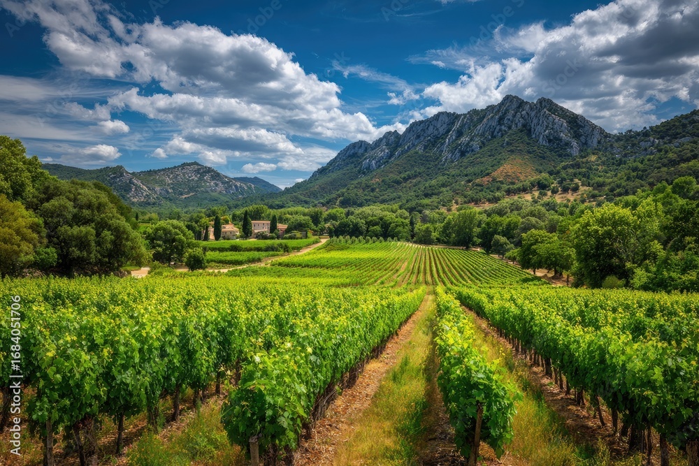 Fototapeta premium Panoramic vineyard landscape under a partly cloudy sky