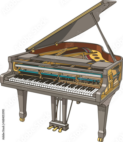 grand piano detailed illustration of musical instrument, open lid, showing internal mechanisms