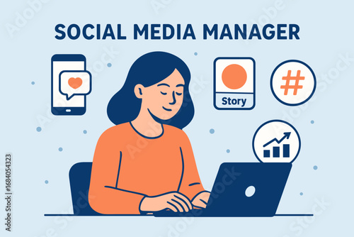 Social Media Tools. Flat design banner featuring social media manager typing and content creation icon set for phone, story icon,