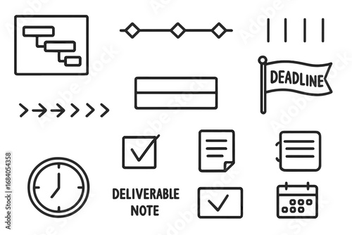 Project Timeline Icons. Project timeline doodle icon set: hand drawn icons of Gantt chart, milestones, phase lines, calendar bar,