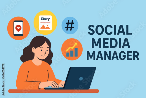 Social Media Tools. Flat design banner featuring social media manager typing and content creation icon set for phone, story icon,