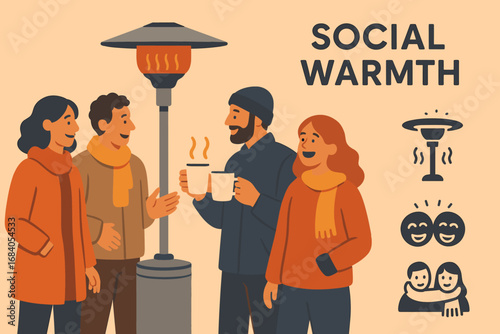 Cozy Group Gathering. Modern banner depicting group around standing heater and social warmth icon set for heater icon, hot drink