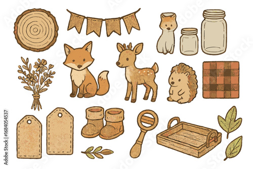 Rustic Baby Shower Icons. Rustic baby shower doodle icon set: hand drawn icons of wood slice decor, burlap banner, mason jars,