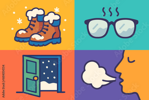 Winter Walk Icons. Colorful vector panel with returning from winter walk and closing moment icon set for snow-covered boots, foggy