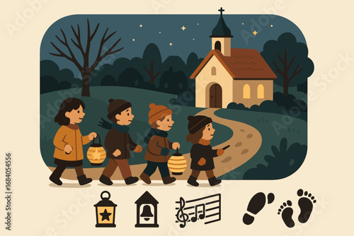 Village Lantern Walk. Clean vector illustration of village children walking to chapel and seasonal tradition icon set for lanterns